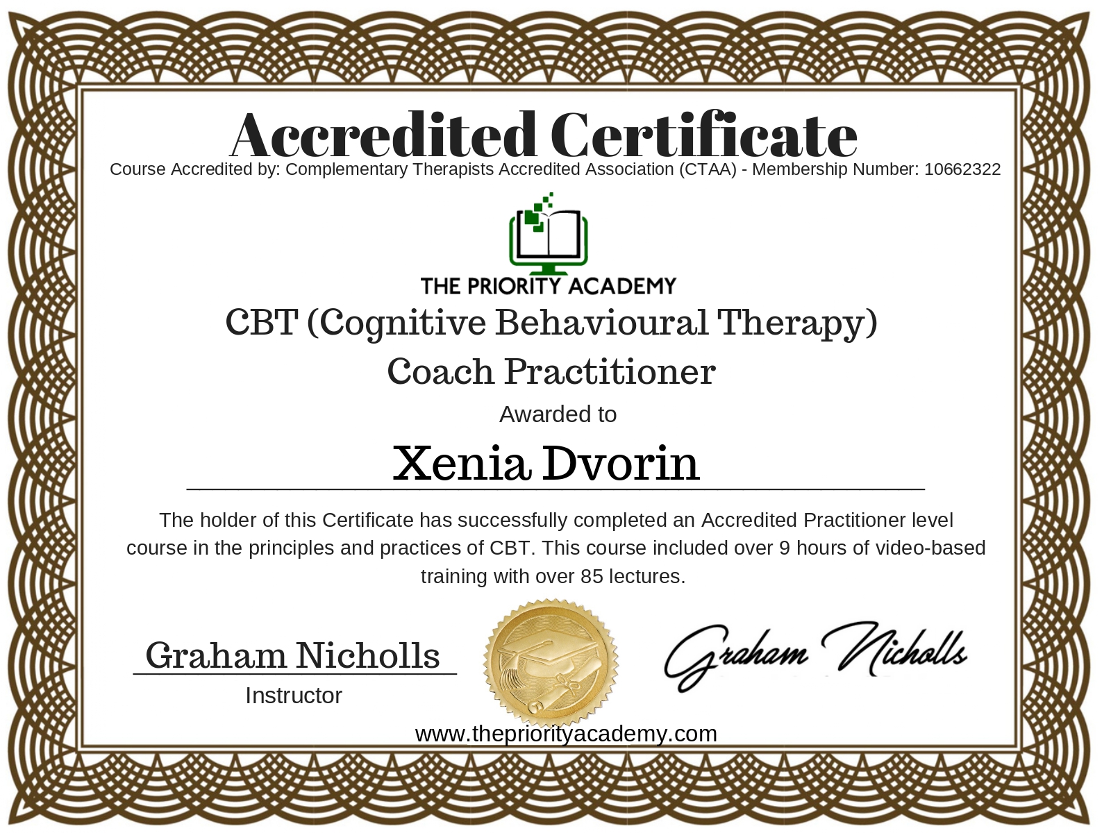 Xenia Dvorin CBT certificate