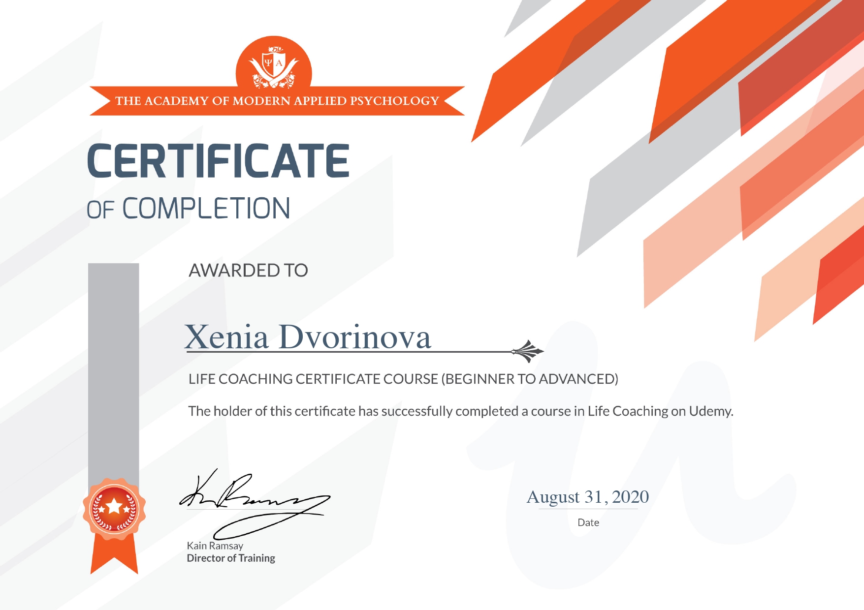 Xenia Dvorin Udemy certificate